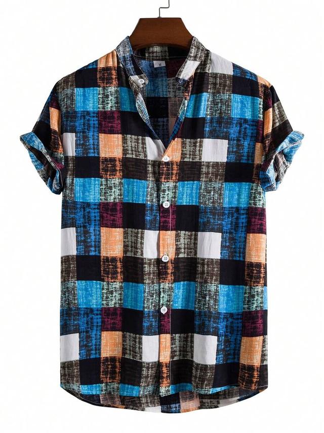 multicolor plaid short sleeve stand collar shirt