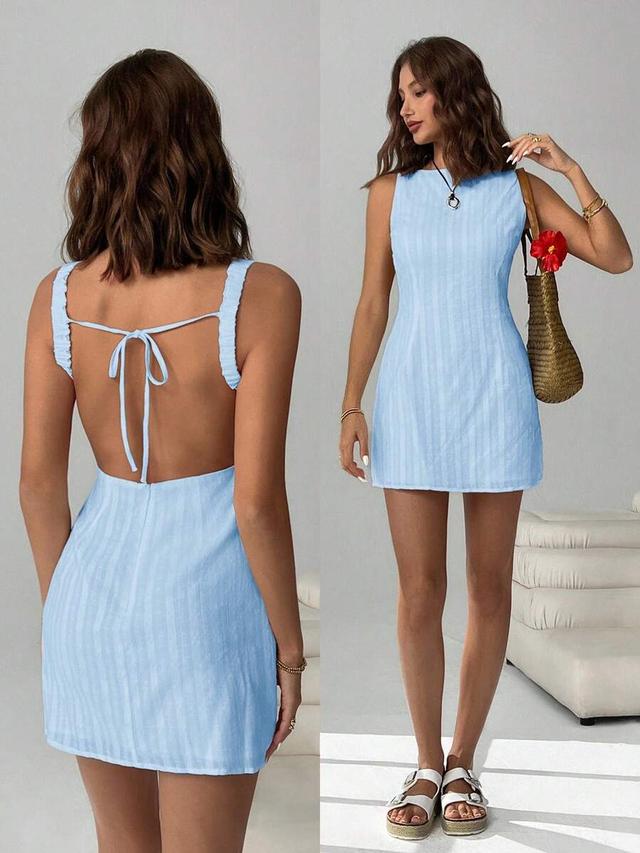light blue striped backless tie-up mini dress