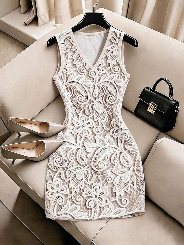white floral lace sleeveless v-neck mini dress