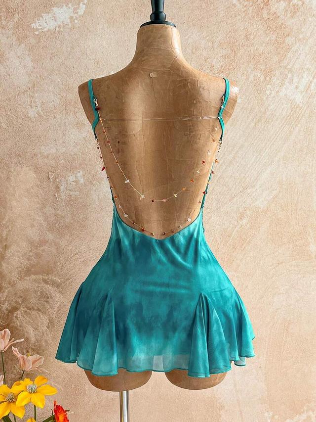 teal tie-dye silk slip dress with beaded back