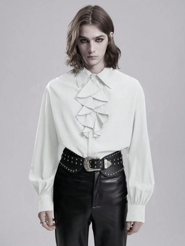 white long sleeve casual shirt with ruffle trim