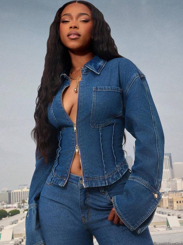 cinched waist long sleeve denim zip top
