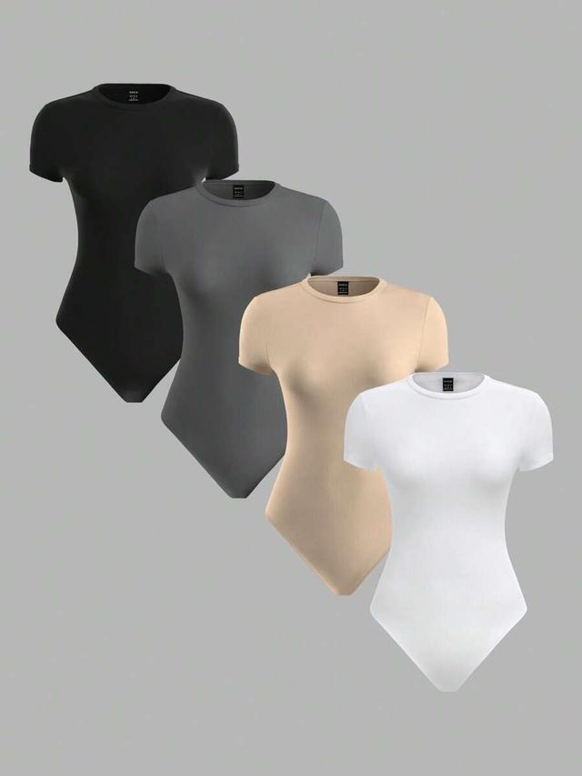 black plain knit round neck short sleeve fitted bodysuit