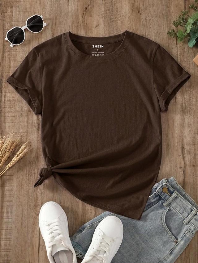 nostanoir solid brown round neck cotton blend tee