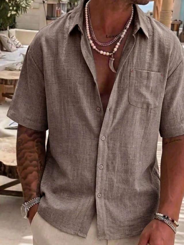 brown faux linen short sleeve classic collar shirt