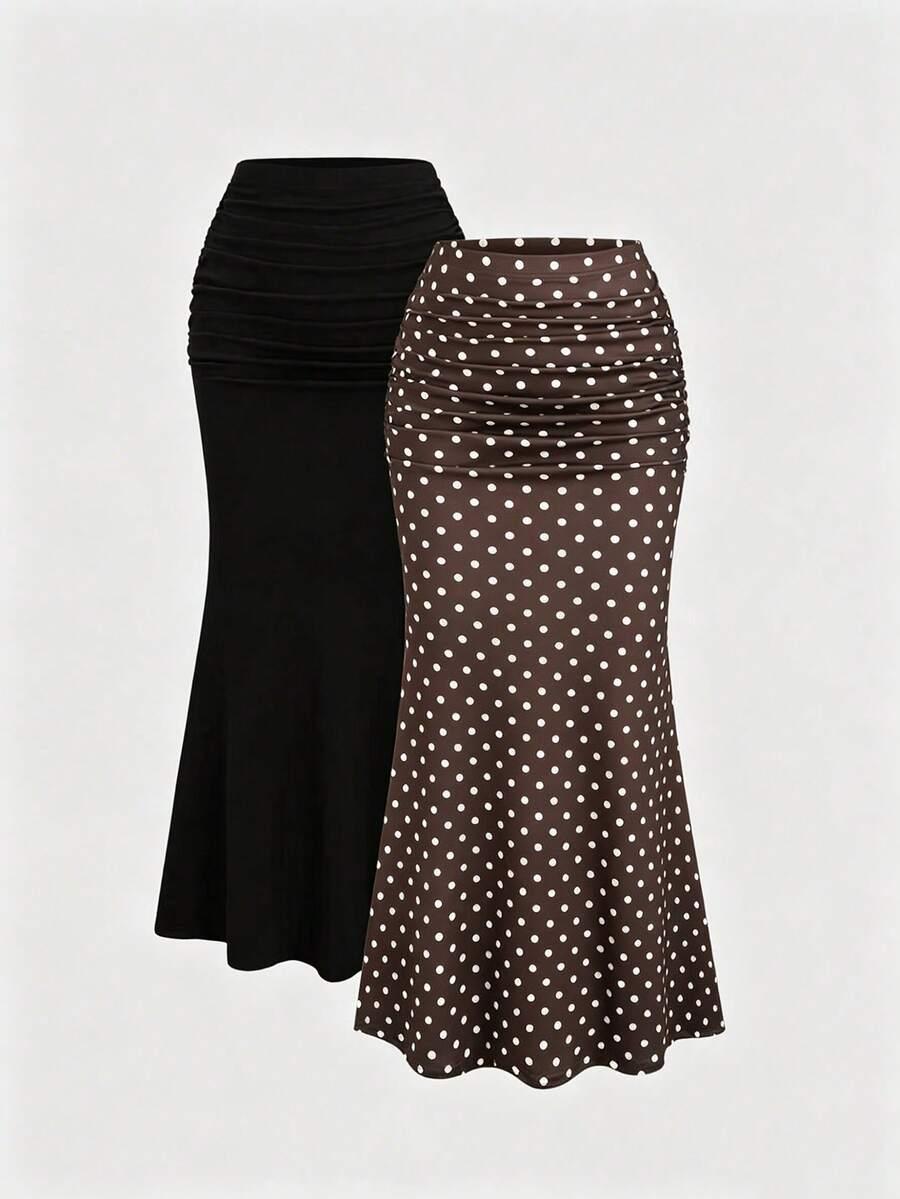 brown dot polka dot pleated mermaid hem bodycon skirt