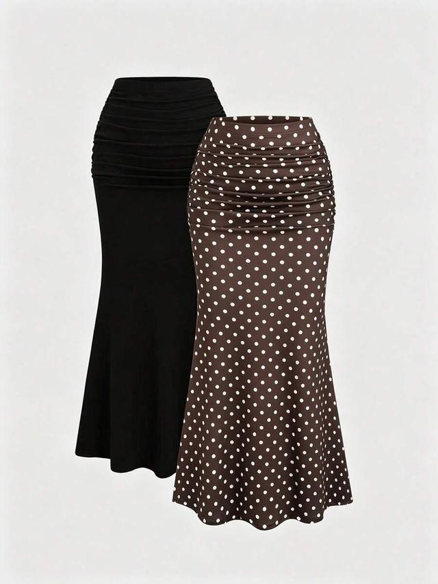 brown dot polka dot pleated mermaid hem bodycon skirt