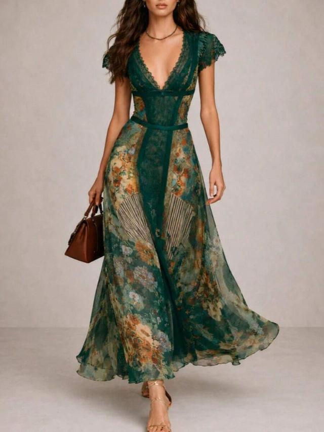 emerald floral chiffon maxi dress with lace trim