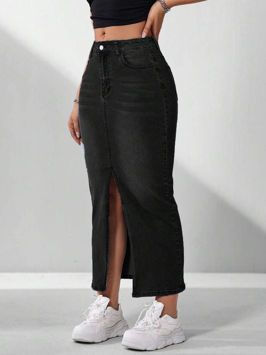 flexra women's casual versatile black denim midi skirt