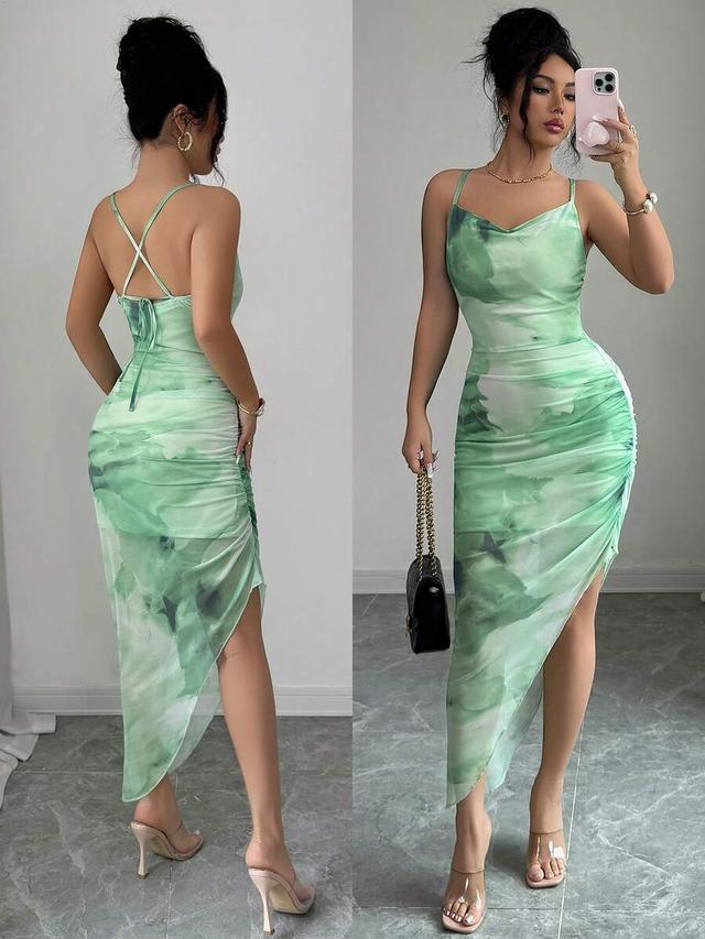 green tie-dye mesh bodycon asymmetrical hem dress