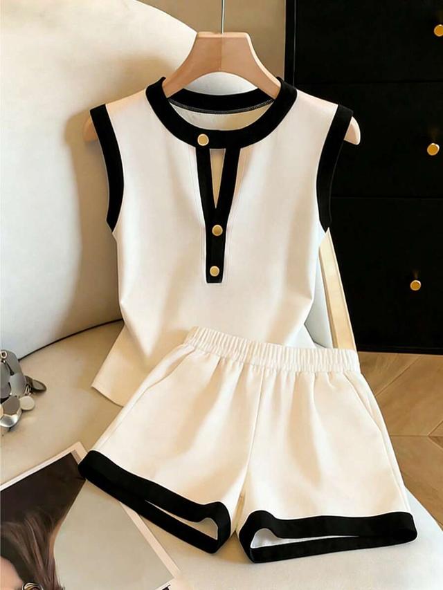 white contrast color trim camisole and shorts set