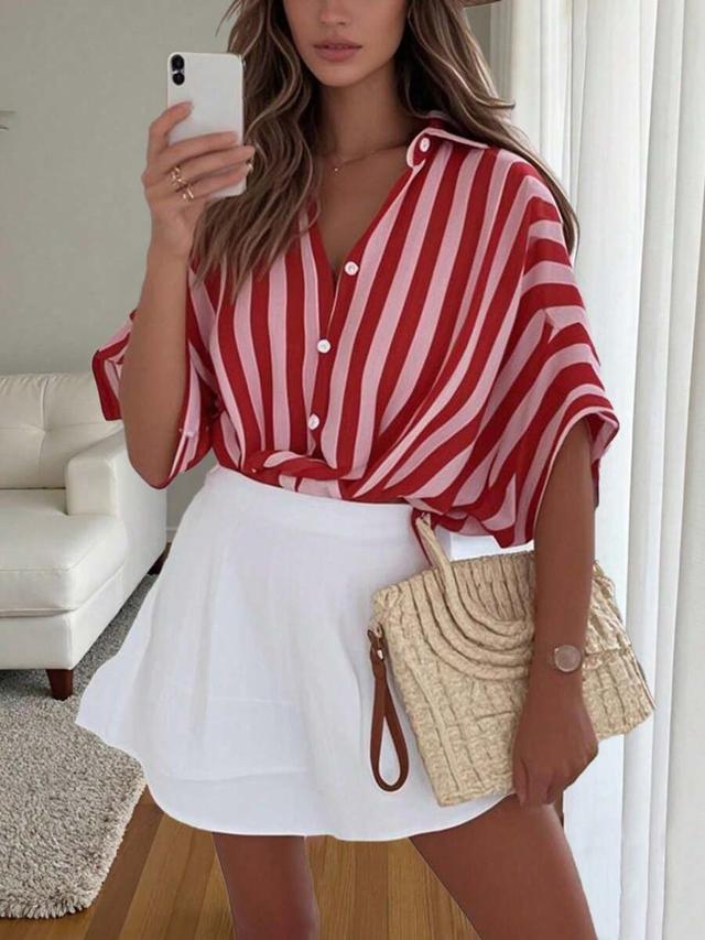 red and pink striped batwing sleeve button blouse