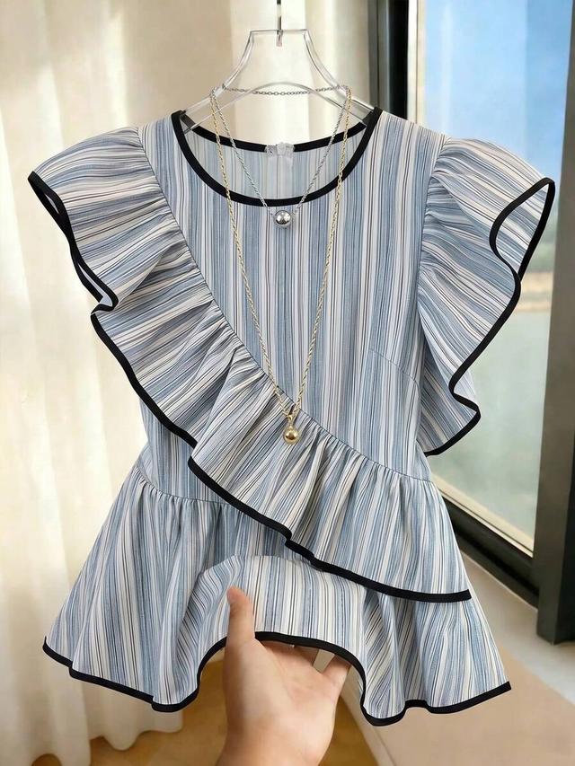 blue and white striped ruffle hem short sleeve blouse