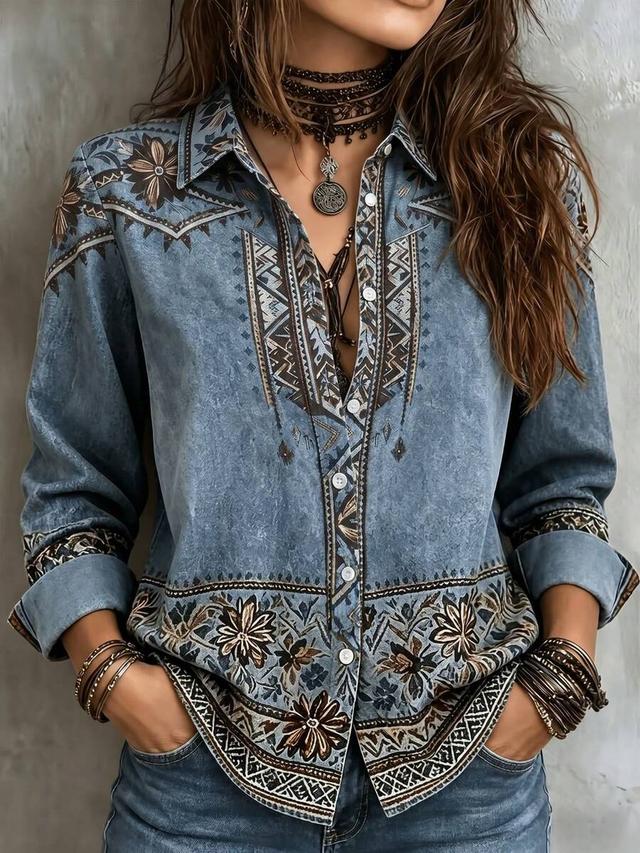 bohemian floral print long sleeve woven shirt