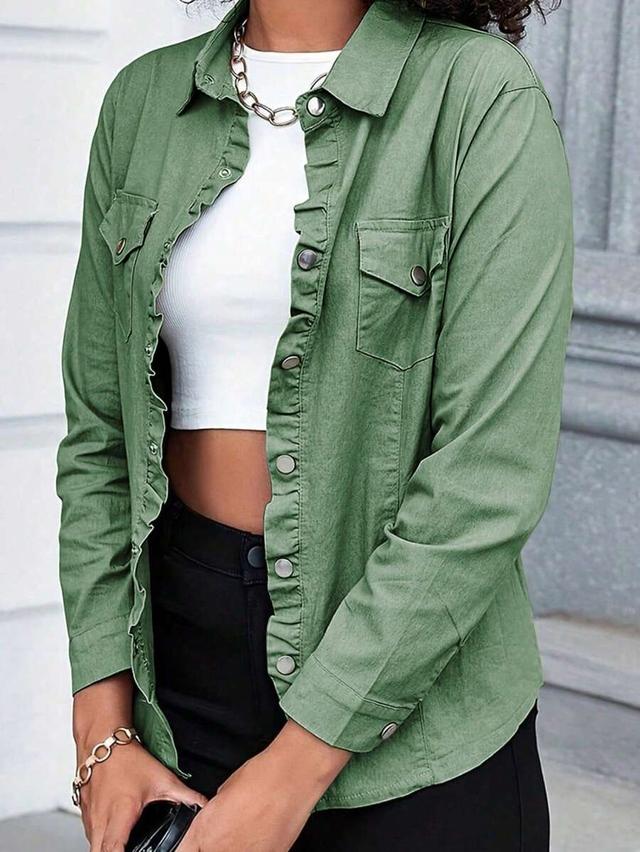 solid color ruffled denim shirt jacket