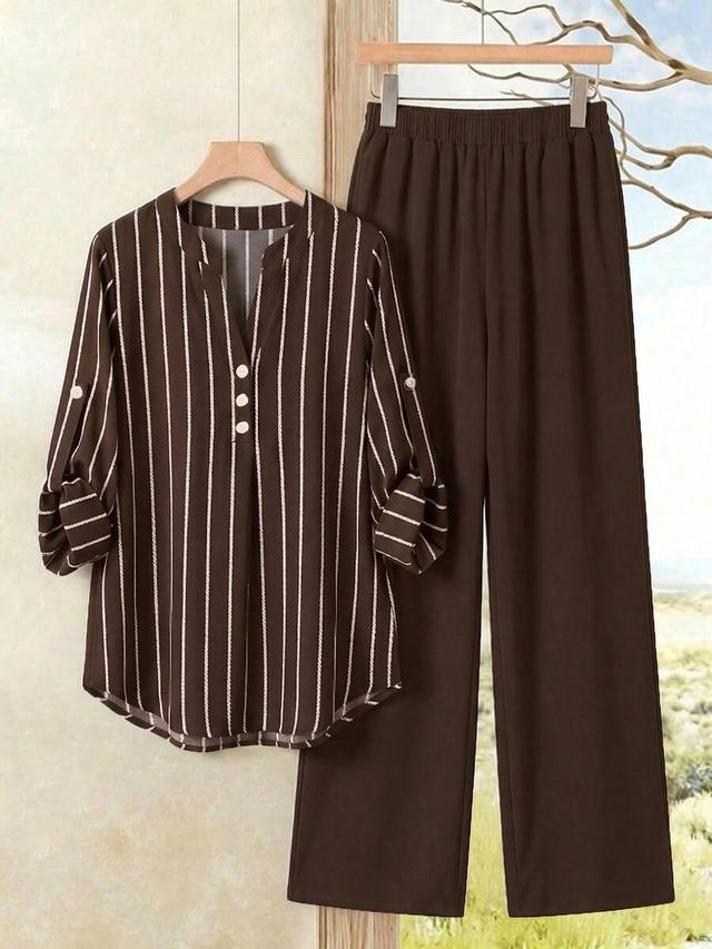 brown striped shirt and solid pants set
