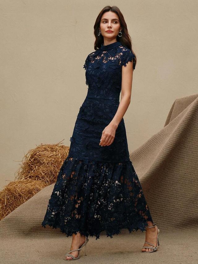 navy blue elegant embellished lace mermaid hem dress
