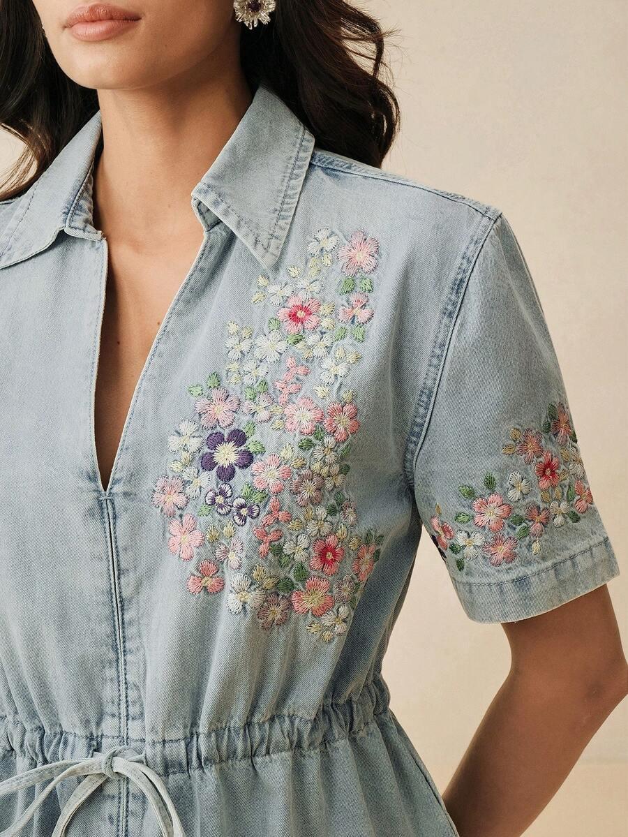 embroidered light wash denim waist-cinched shirt