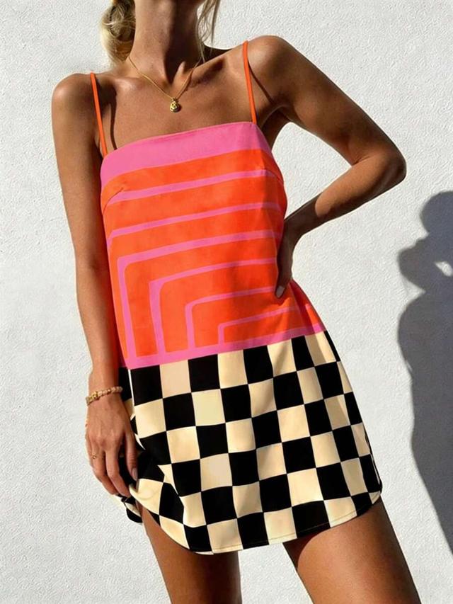 vaclyn women's striped checkerboard casual loose strap dress