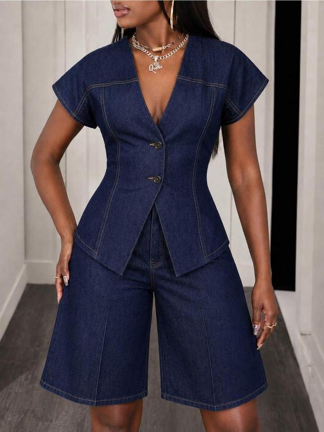 denim v-neck button front top and bermuda shorts set