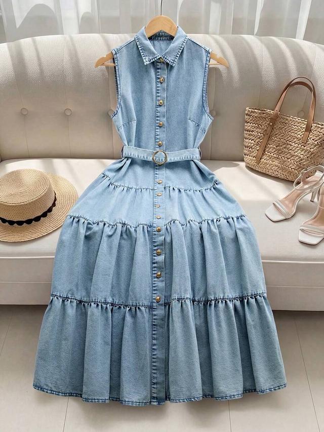 sleeveless light wash denim tiered midi dress