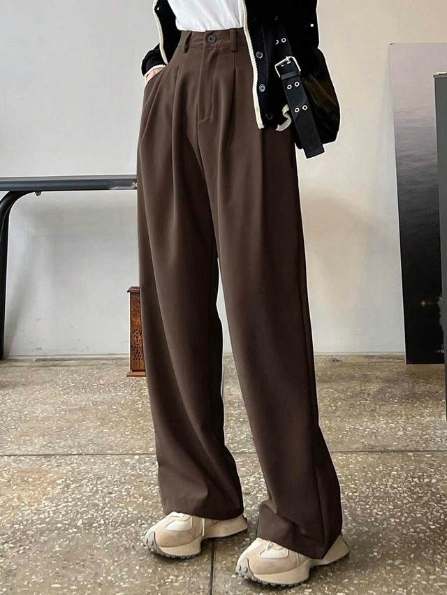 elegant brown high waist straight wide leg trousers