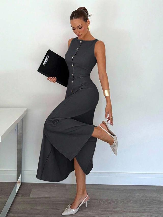 siren gaze solid color minimalist sleeveless button-front dress