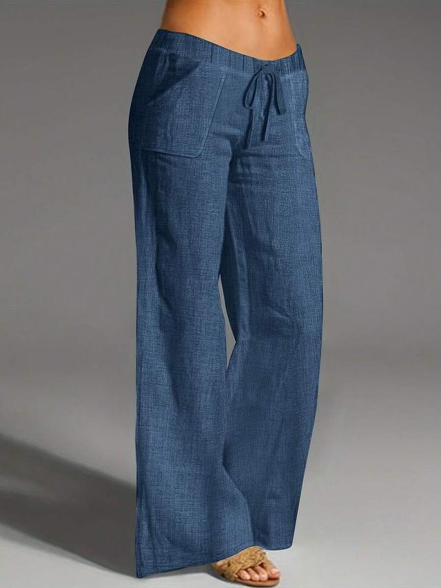 women's denim effect straight leg pants with pockets
