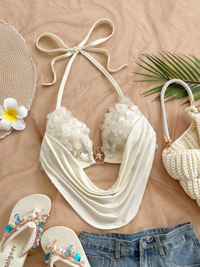 cream white sequin halter backless summer top
