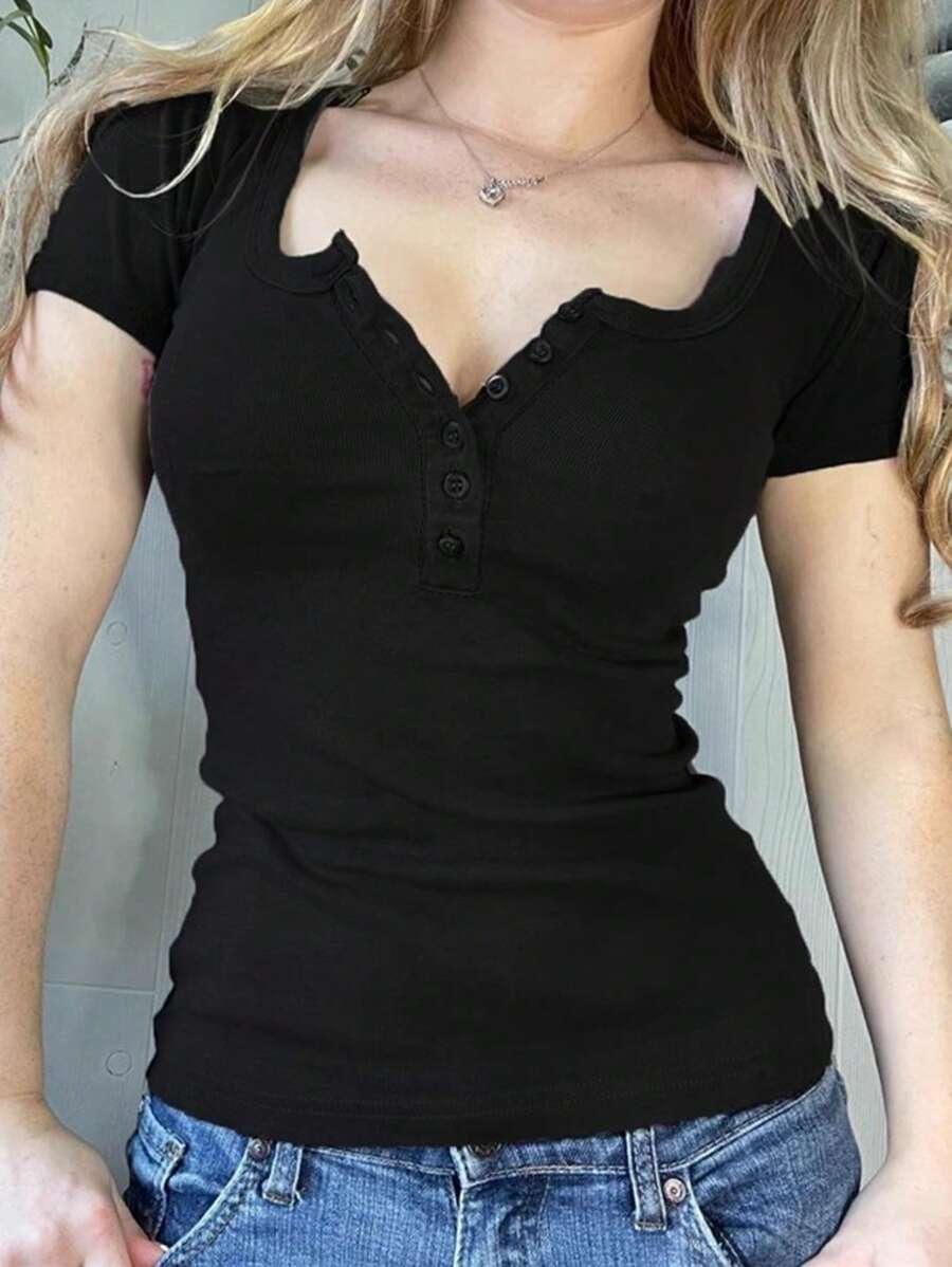 inawly women's solid color half placket slim fit t-shirt