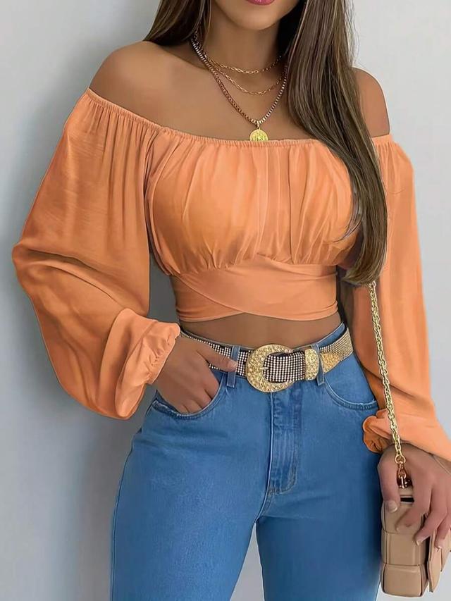 solid color criss-cross tie back off-shoulder crop top