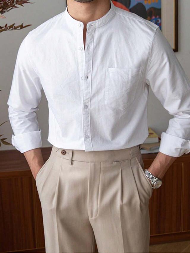 men's solid white mandarin collar long sleeve shirt