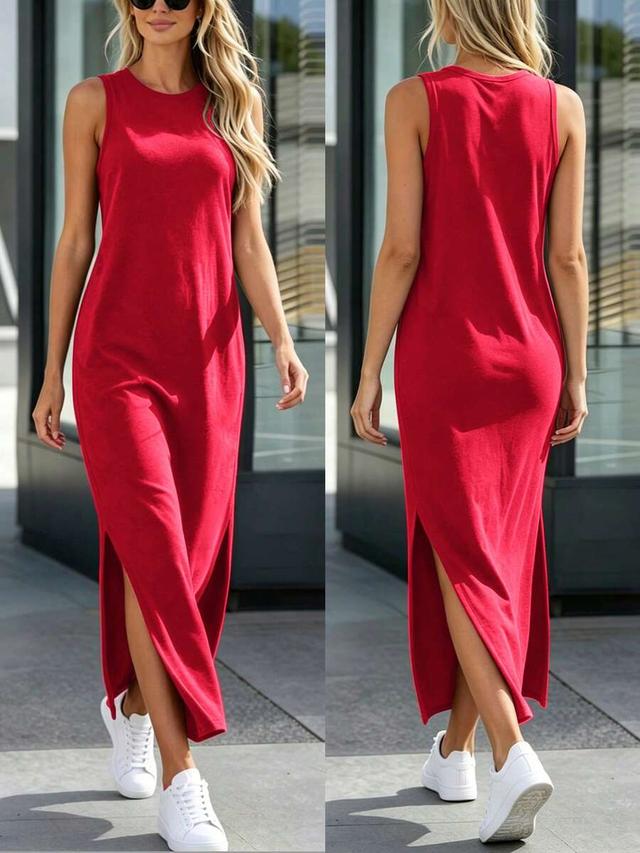red round neck side slit casual camisole dress