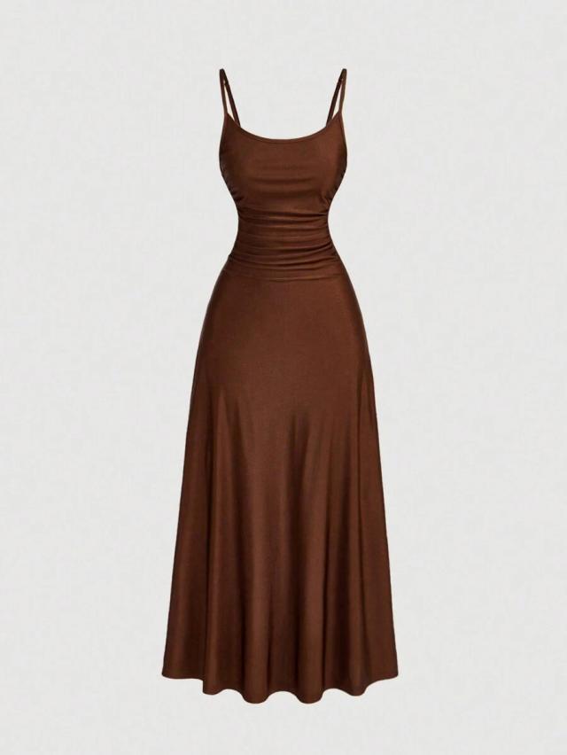 coffee brown ruched waist spaghetti strap midi dress