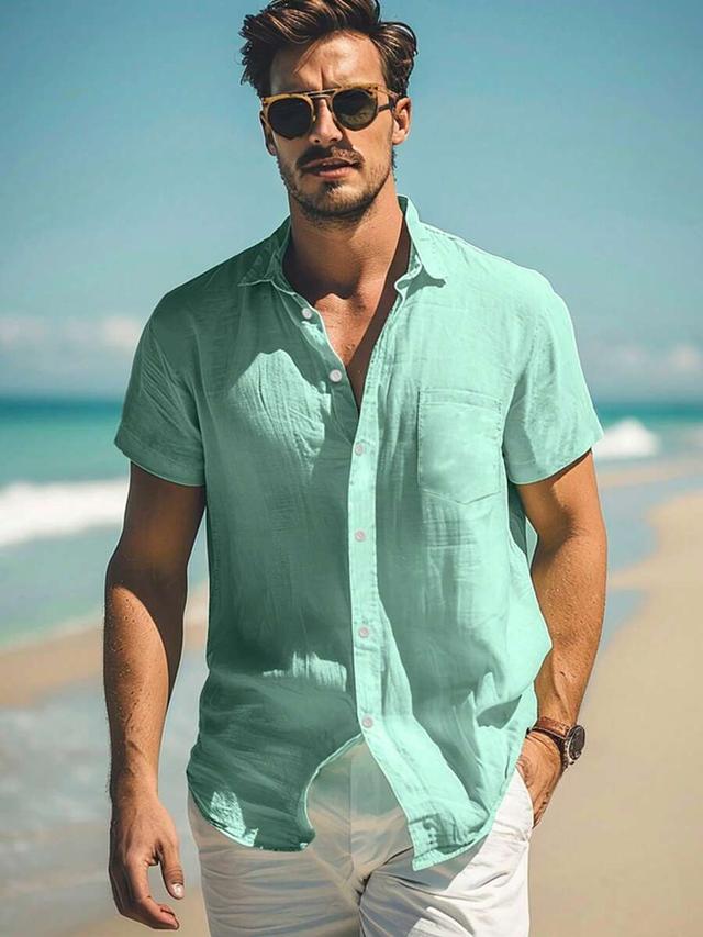 mint green casual short sleeve linen blend shirt