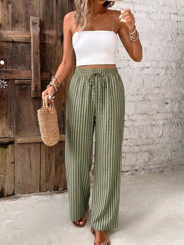 green striped waist tie wide leg pants