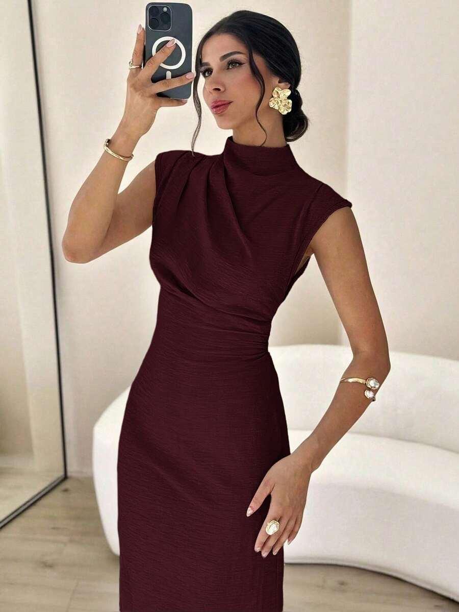 burgundy solid color waist cinching mini stand collar dress