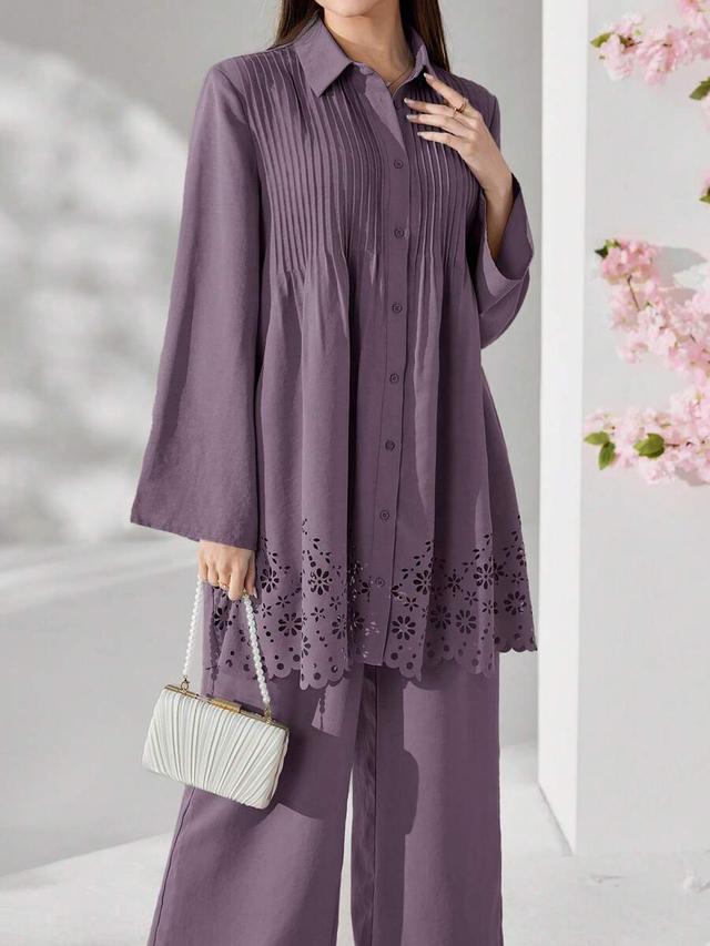 solid color floral hollow front button long sleeve top