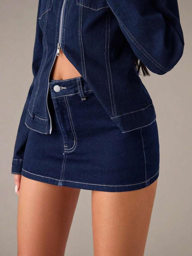 dark blue denim mini skirt with contrast stitching