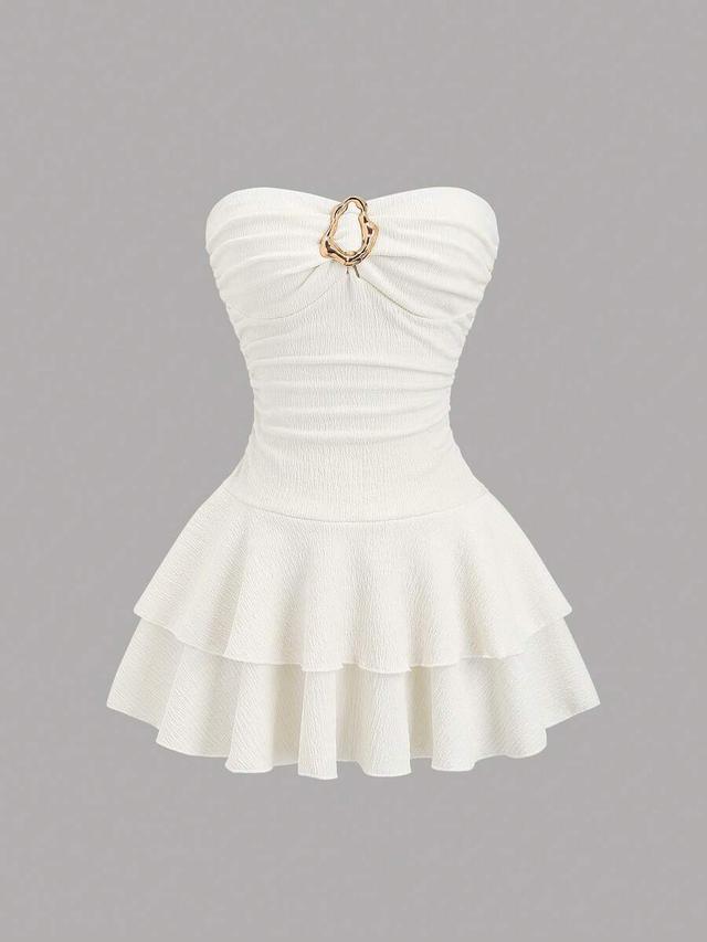 white strapless double-layer mini dress with gold hardware