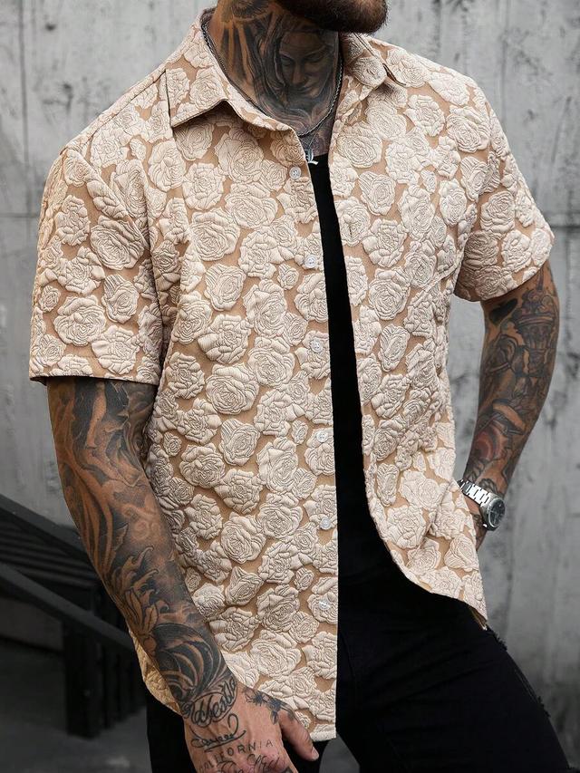 beige floral textured short sleeve button up shirt
