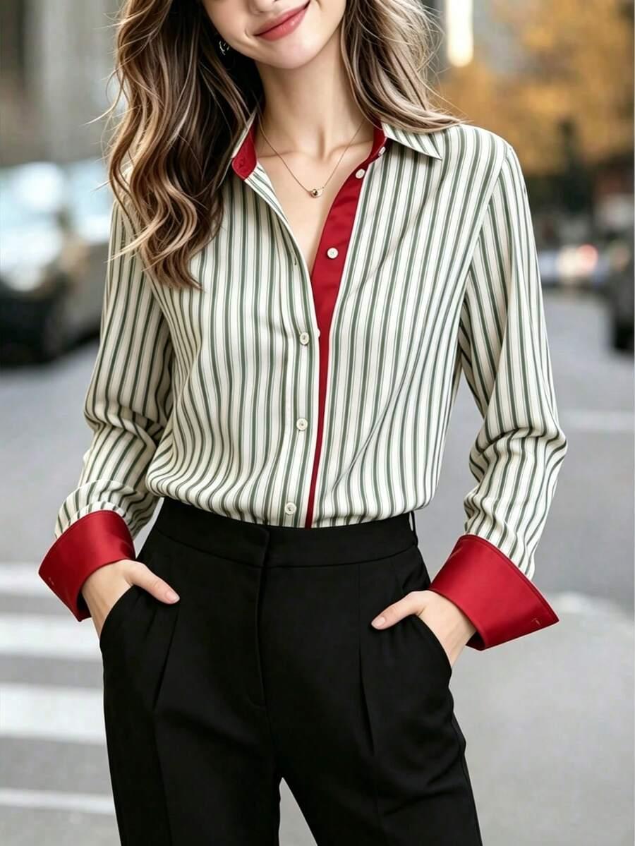 women's striped long sleeve shirt with red contrast trim