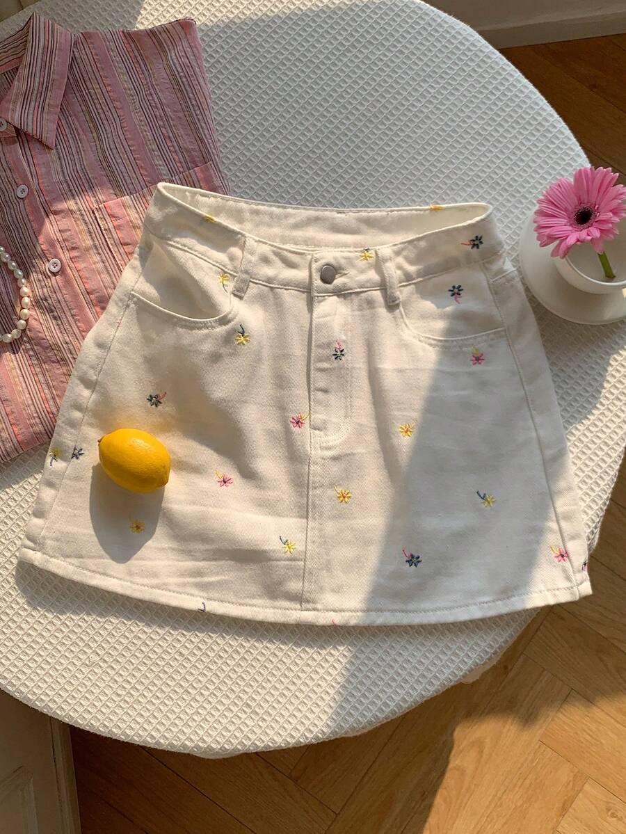white floral embroidered denim mini skirt