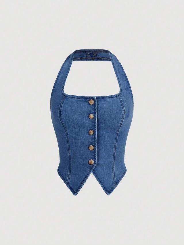 fashionable single-breasted halter neck denim top