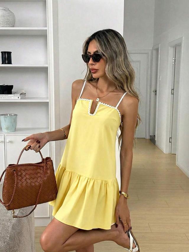 pastel yellow color block ruffled hem a-line dress