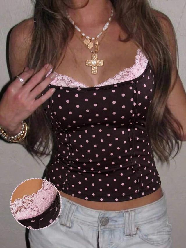 pink and black polka dot lace camisole top