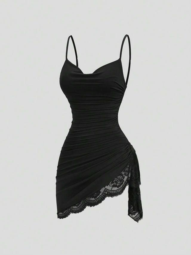 black ruched cowl neck mini dress with lace trim