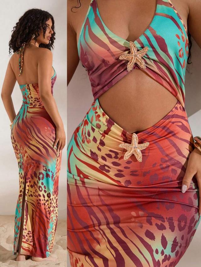 multicolor animal print halter neck maxi dress