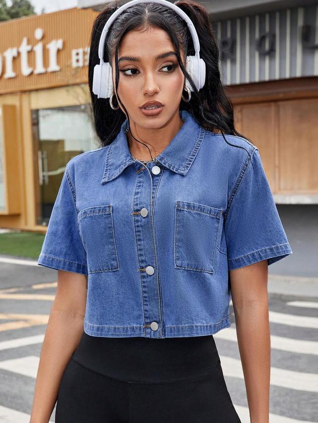 short sleeve blue denim cropped button up shirt