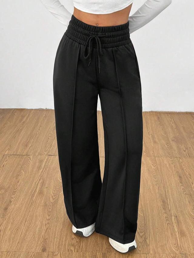 solid black drawstring waist wide leg sweatpants